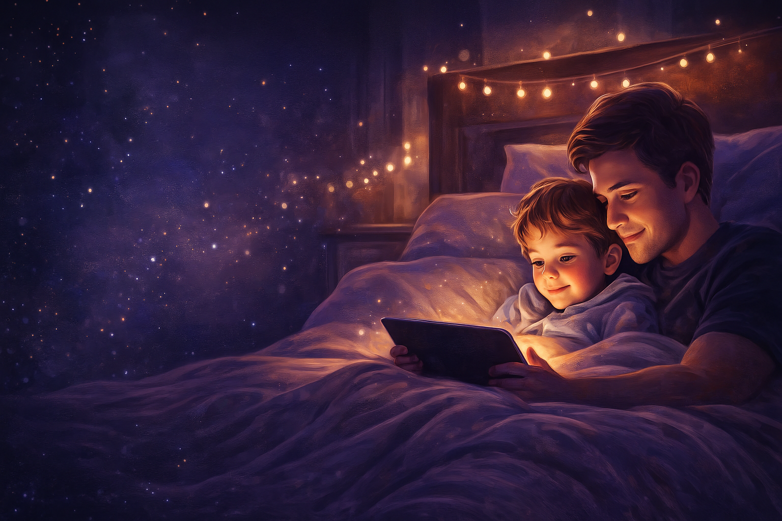 Parent and child reading a bedtime story together on a tablet